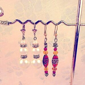 Earrings Pierced Handcrafted Unique Pearls + Rhinestones & Brown Deco Amber